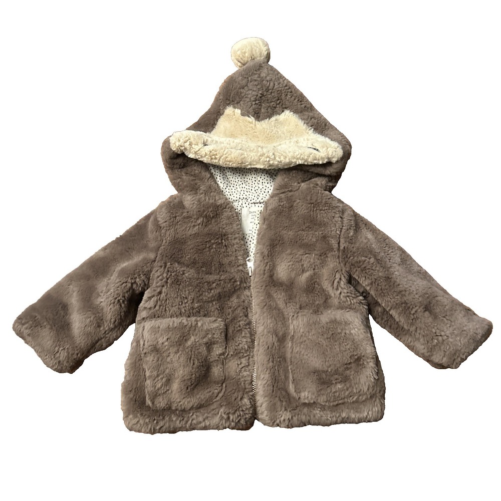 Zara‎ Baby Faux Fur Coat Girls Size 9-12M Cute Cat Animal Hood Fleece Plush